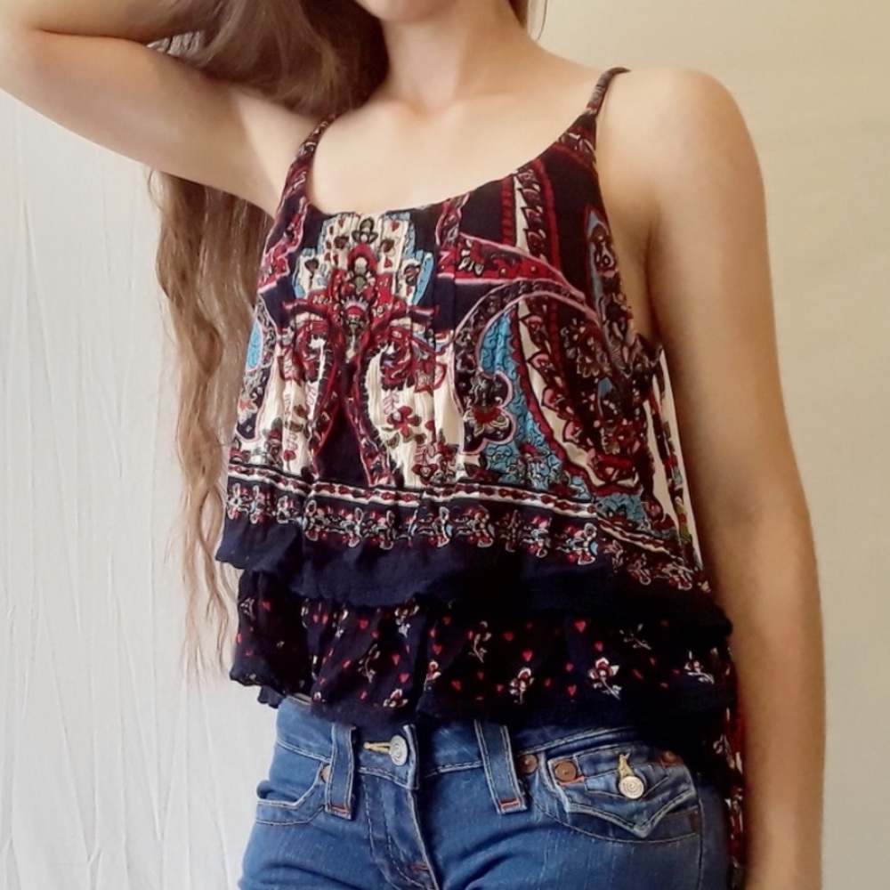 Patrons of Peace Boho Paisley Side Lace Up Floral Cami Tank Top Navy Blue Blouse